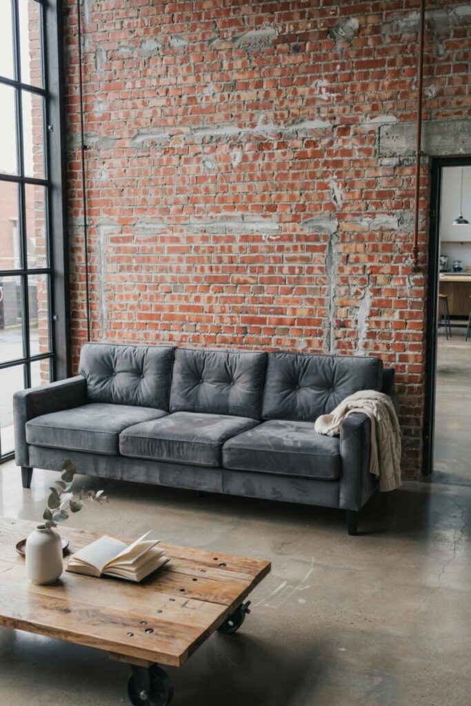 Velvet Sofa in an Industrial Loft Setting