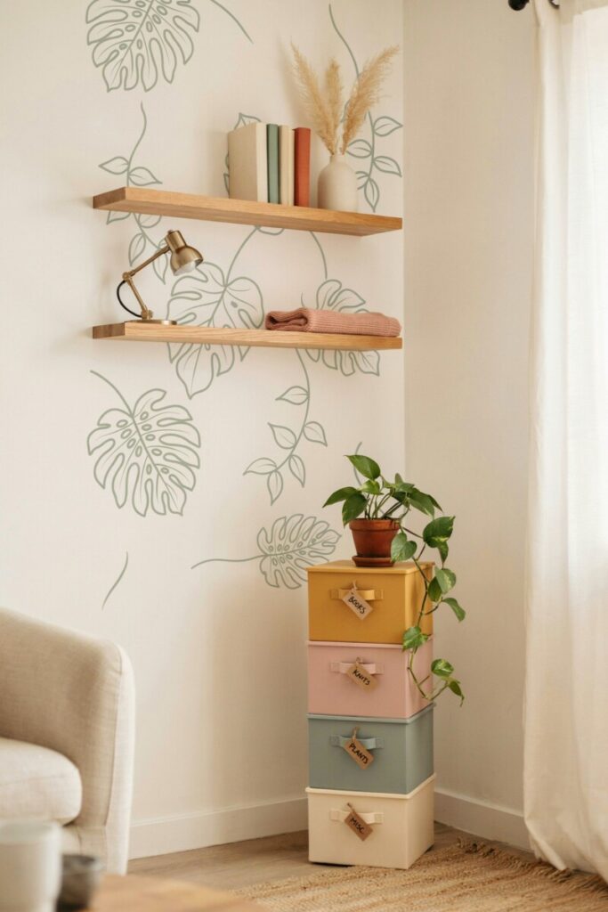 Whimsical decor ideas for small apartments utilizing renter-friendly peel-and-stick wallpaper