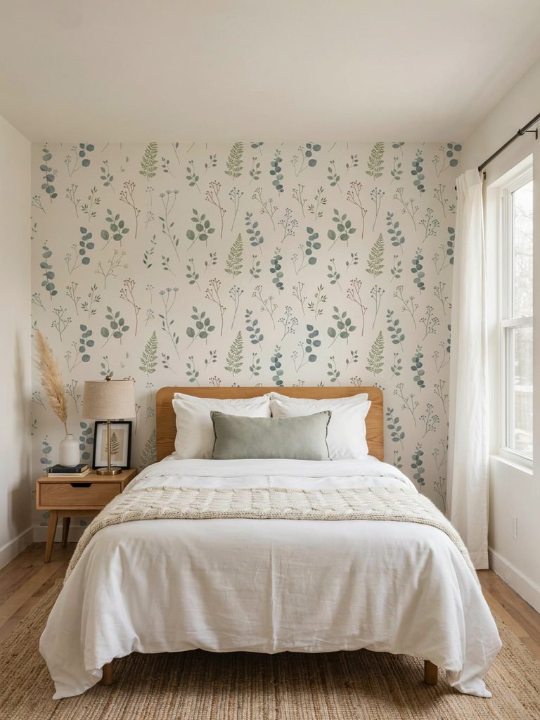 Bedroom with Blue Botanical Accent Wall