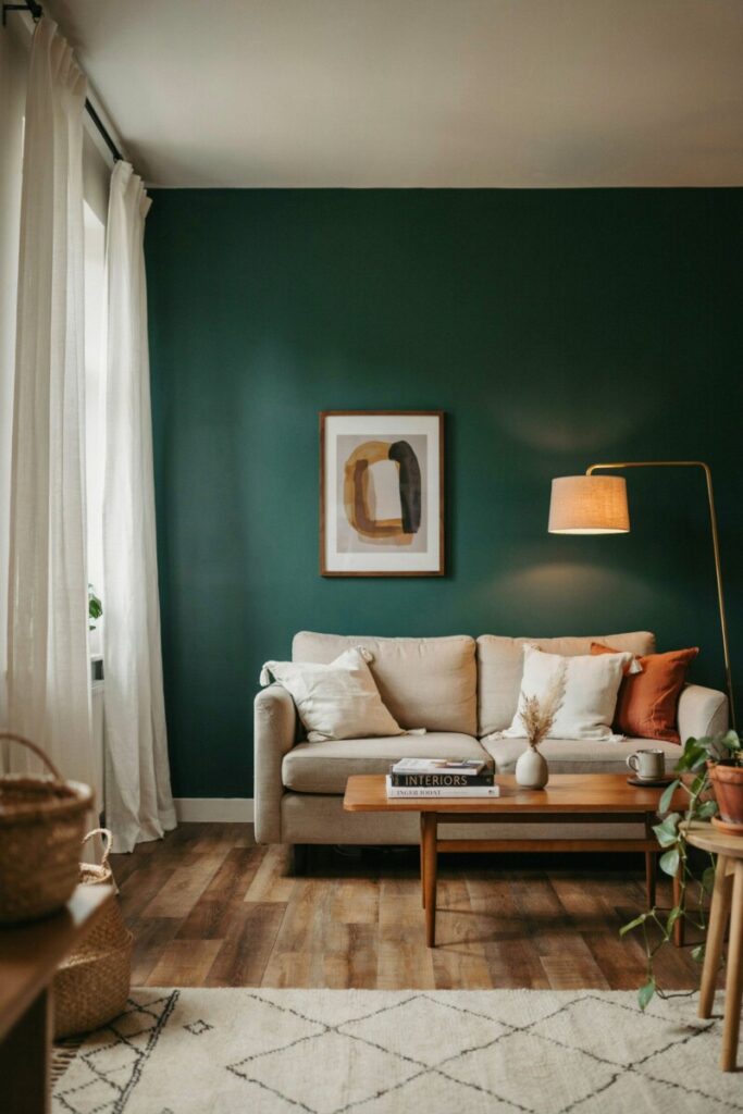 Modern living room featuring a deep emerald green accent wall behind a neutral linen sofa.